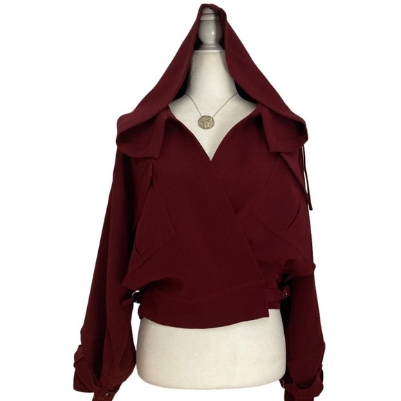 NWT Relative Pi Flap Pocket Slouchy Hooded Bomber Jacket in Mahogany Berry - Picture 8 of 12